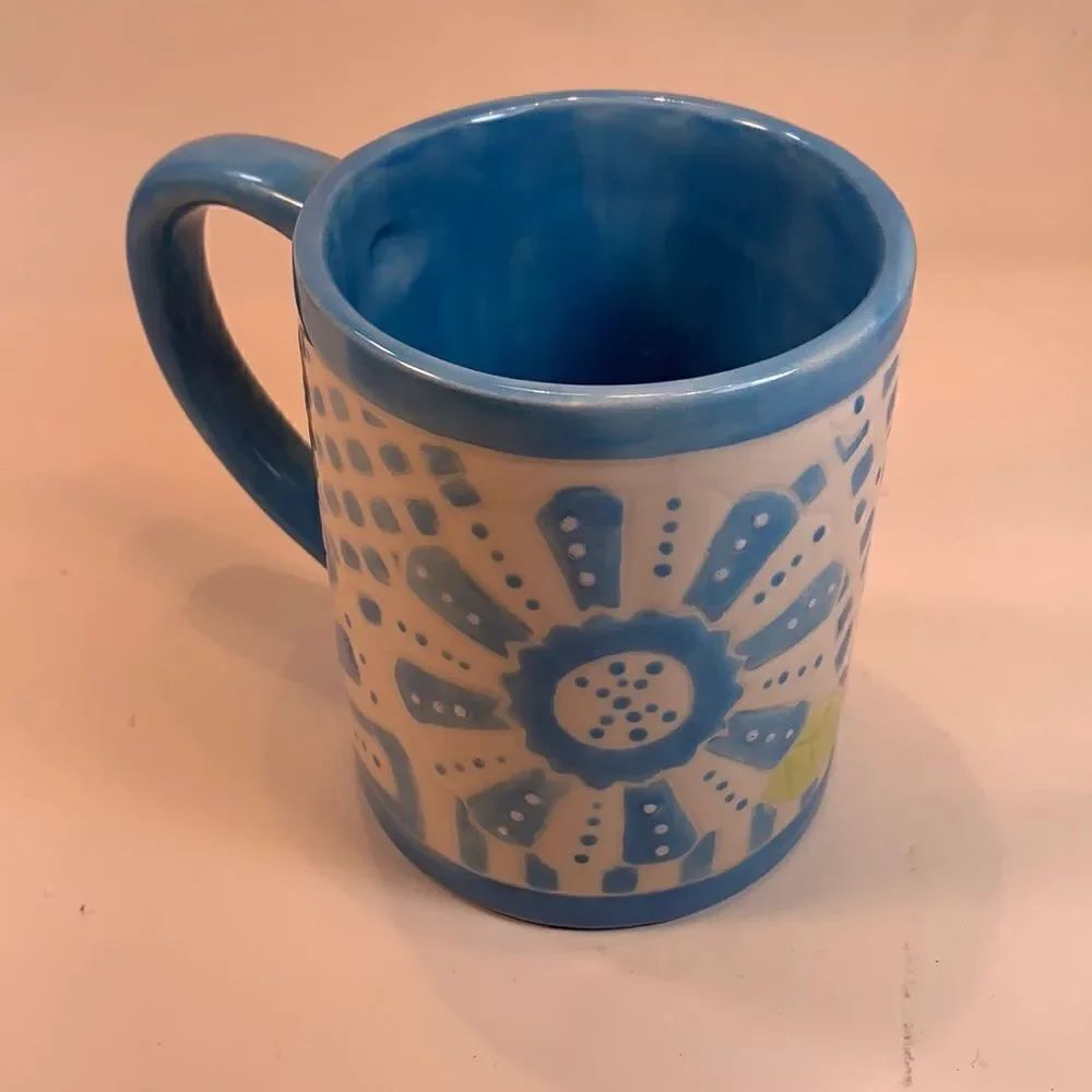 Handmade Ceramic Blue White Flower Green Leaf Pattern 16 Ounce Coffee Mug EUC